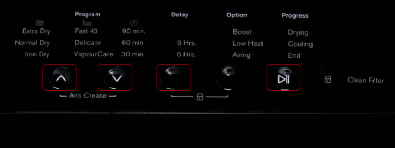 Chọn chương trình, nhấn Delay để hẹn giờ sấy xong, sau đó nhấn Start để máy chạy