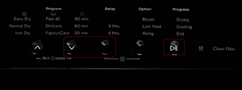 Nhấn giữ phím theo hướng dẫn để bật tiếng bíp báo khi máy sấy hoàn tất chương trình