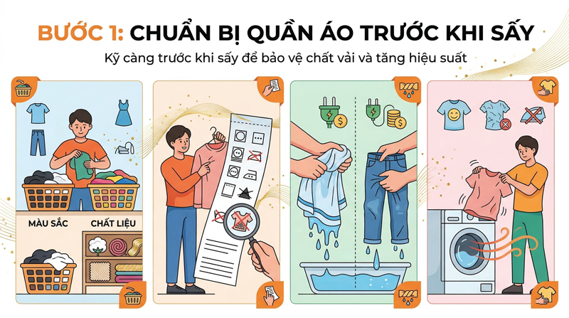 Bước 1: Phân loại, kiểm tra nhãn, vắt khô và rũ tơi quần áo trước khi sấy để bảo vệ vải và tăng hiệu quả