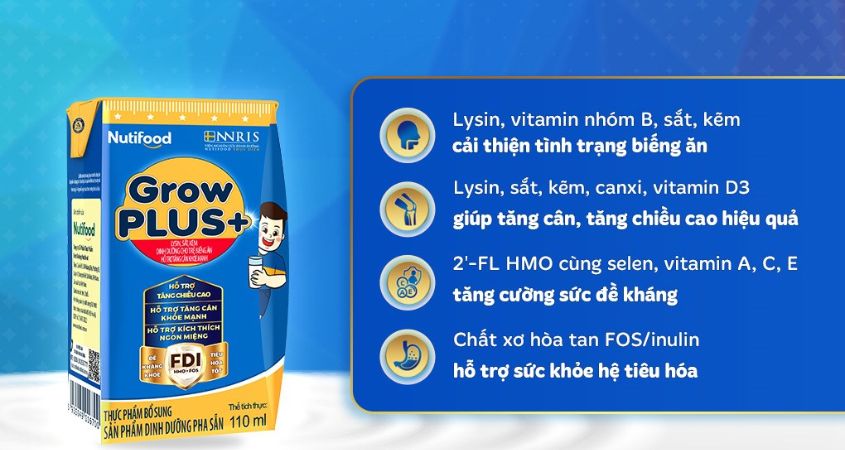 Lốc 4 hộp sữa pha sẵn Nutifood GrowPLUS+ xanh hương vani 110 ml cho trẻ biếng ăn (từ 2 tuổi)