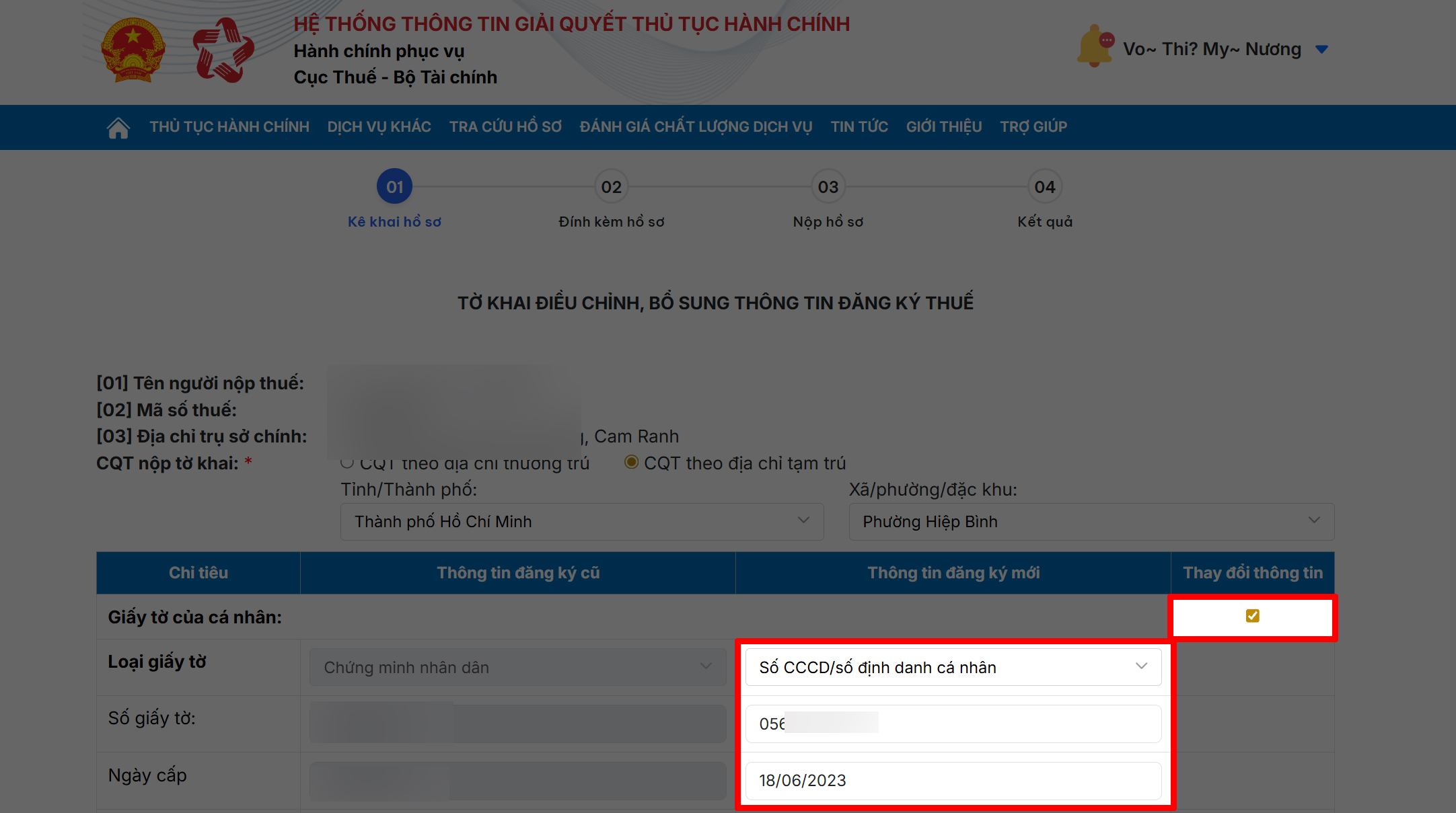 Cách đổi thông tin đăng ký thuế từ CMND sang CCCD online