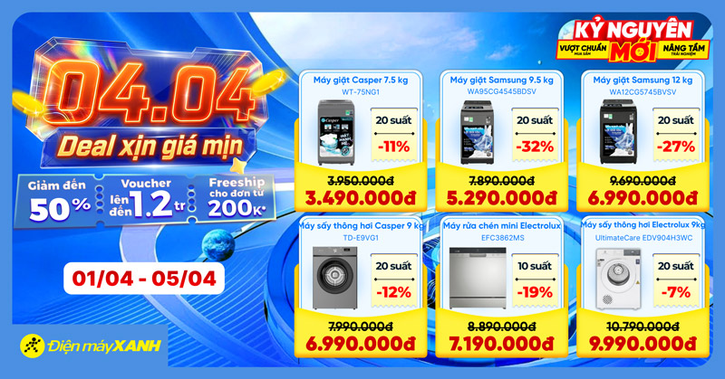 4.4 Deal Xịn Gi&aacute; Mịn Tại Điện M&aacute;y XANH: Giảm Đến 50% Phiếu Mua H&agrave;ng V&agrave; Loạt Sản Phẩm Điện Lạnh Gia Dụng Gi&aacute; Sốc