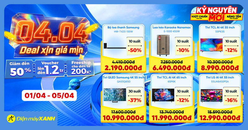 4.4 Deal Xịn Gi&aacute; Mịn Tại Điện M&aacute;y XANH: Giảm Đến 50% Phiếu Mua H&agrave;ng V&agrave; Loạt Sản Phẩm Điện Lạnh Gia Dụng Gi&aacute; Sốc