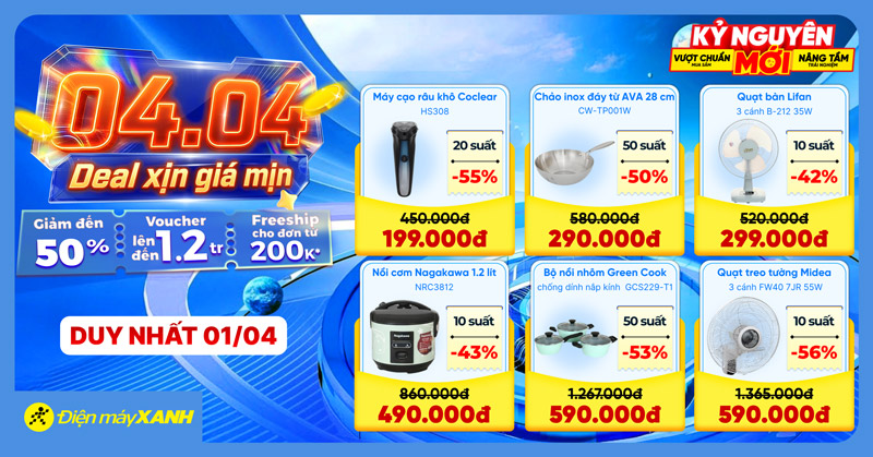 4.4 Deal Xịn Gi&aacute; Mịn Tại Điện M&aacute;y XANH: Giảm Đến 50% Phiếu Mua H&agrave;ng V&agrave; Loạt Sản Phẩm Điện Lạnh Gia Dụng Gi&aacute; Sốc