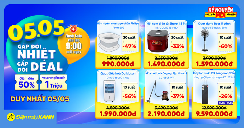 Chương tr&igrave;nh khuyến m&atilde;i 5.5 Gấp Đ&ocirc;i Nhiệt - Gấp Đ&ocirc;i Deal: Điện m&aacute;y XANH giảm đến 50% cho h&agrave;ng ng&agrave;n sản phẩm cực hot!