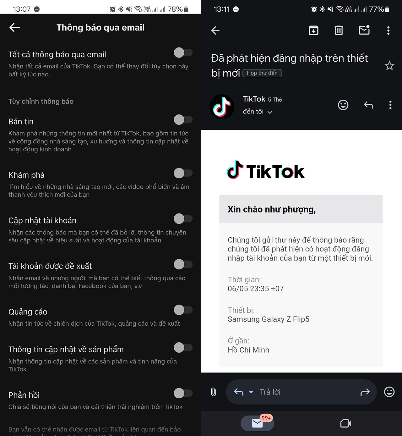 Cách tắt thông báo TikTok qua Gmail