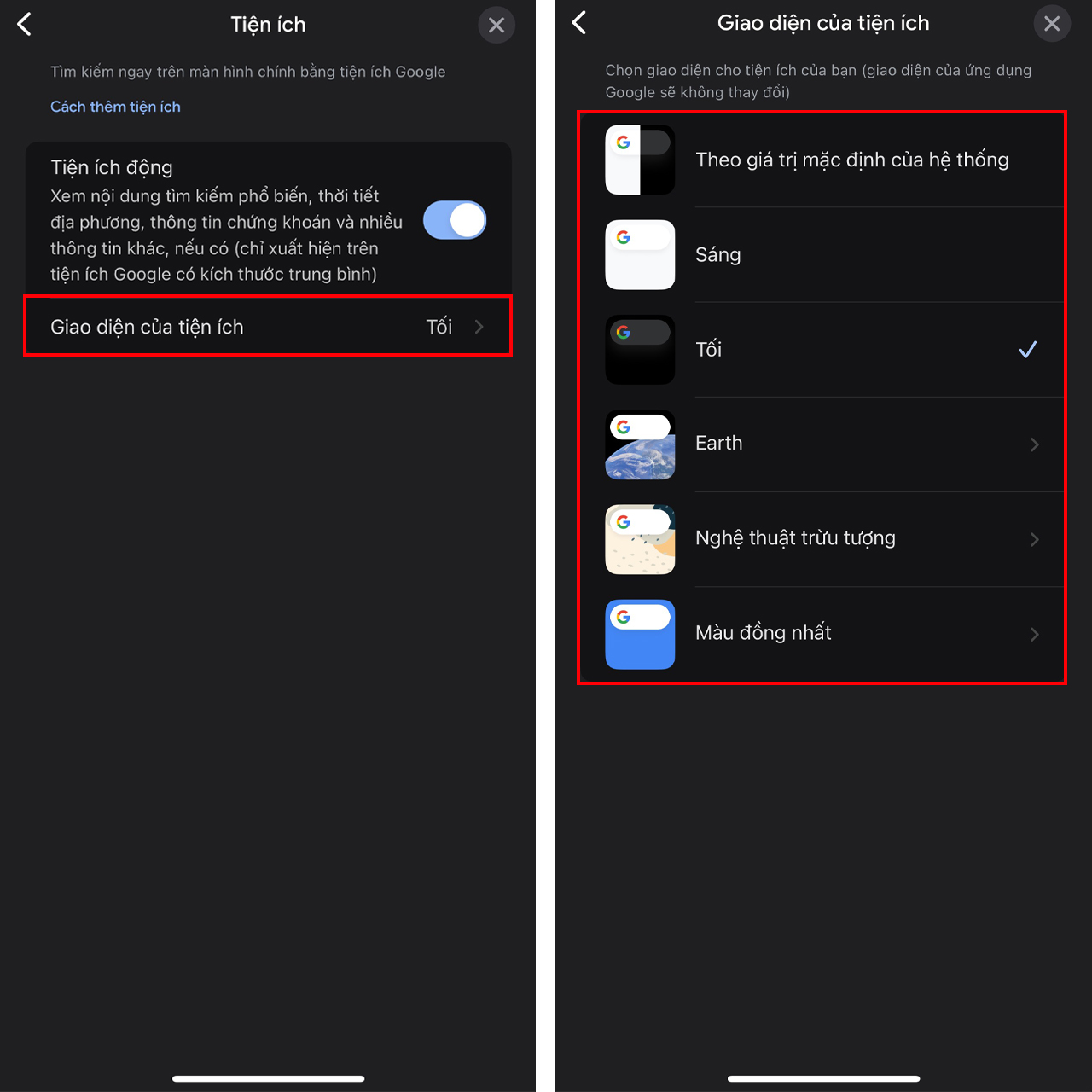 Cách thay đổi giao diện tiện ích của Google
