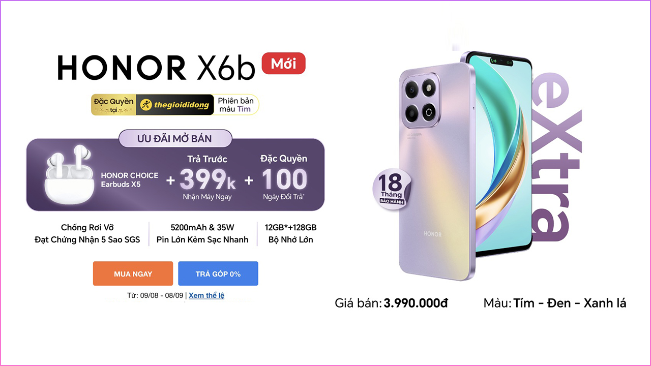Hotsale mở bán HONOR X6b: Giá chỉ 3.99 triệu tặng tai nghe HONOR Choice, bảo hành 18 tháng