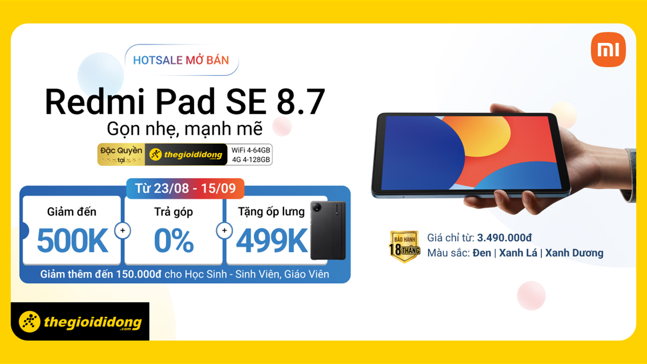 Hotsale Redmi Pad SE 8.7: Giảm đến 500K + ốp lưng 499K, bảo hành 18 tháng + trả góp 0%, HSSV còn giảm thêm 150K