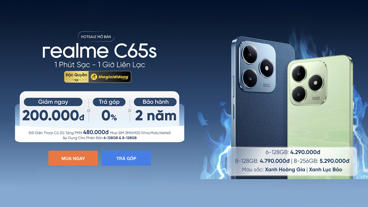 Hotsale mở bán realme C65s: Giảm liền 200K + trả góp 0%, thu cũ đổi mới tặng thêm SIM trị giá 480K