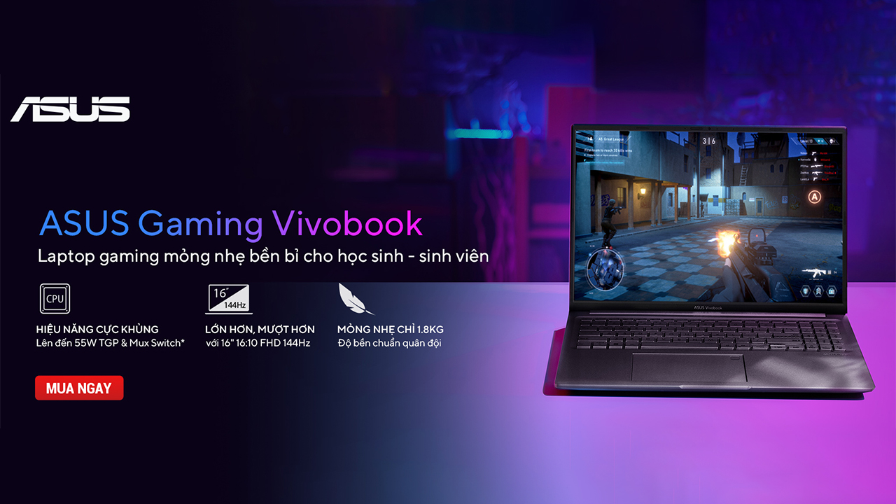 Sinh viên chiến game thì cứ Asus Gaming Vivobook K3605 mà mua thôi, từ 17.99 triệu mà có RAM 16 GB, card đồ hoạ rời