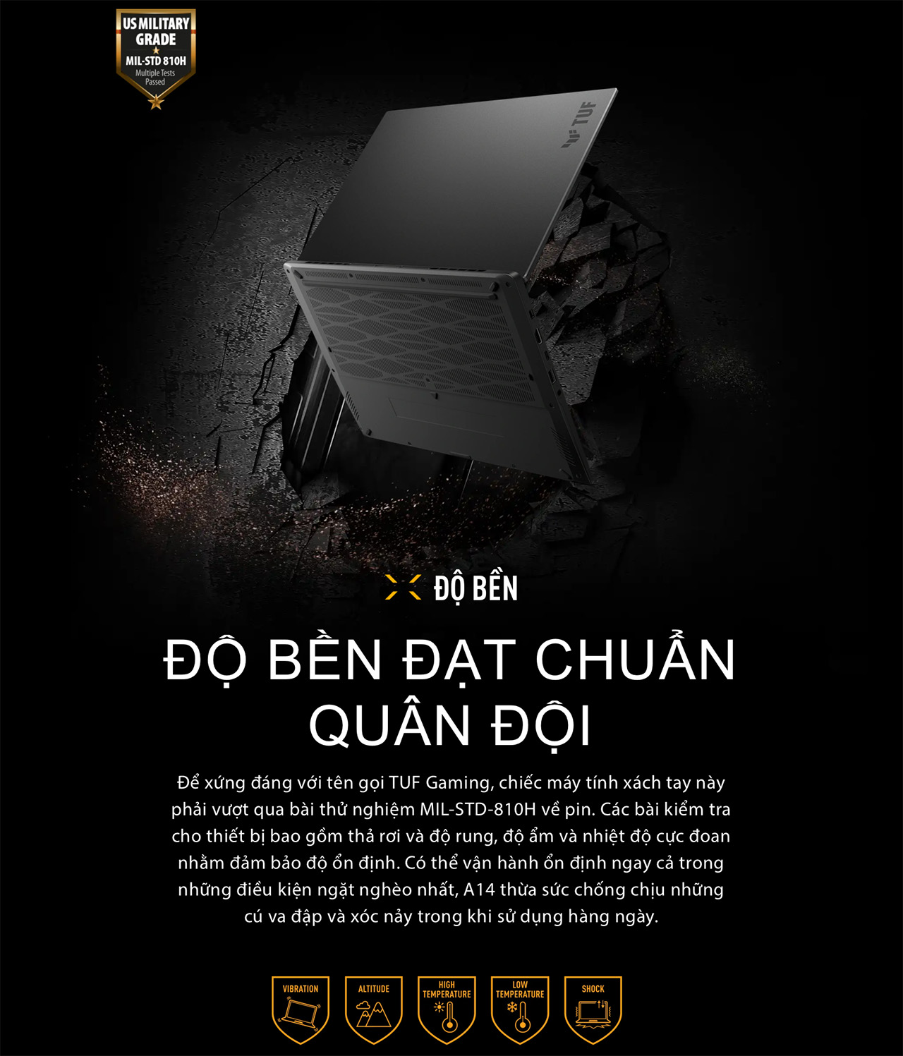 ASUS TUF Gaming A14 đạt chuẩn độ bền quân đội ASUS TUF Gaming A14 đạt chuẩn độ bền quân đội