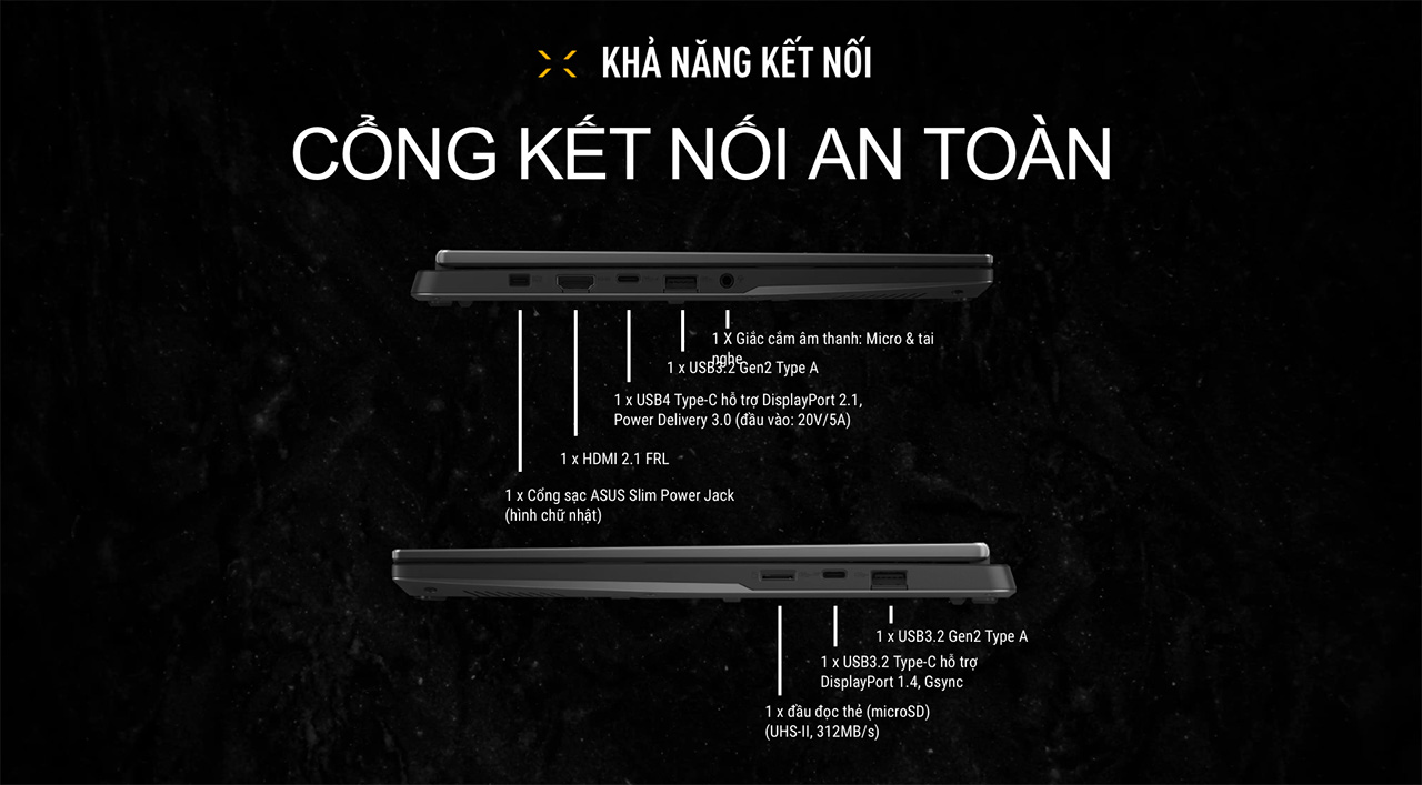 Cổng kết nối đa dạng trên ASUS TUF Gaming A14 Cổng kết nối đa dạng trên ASUS TUF Gaming A14