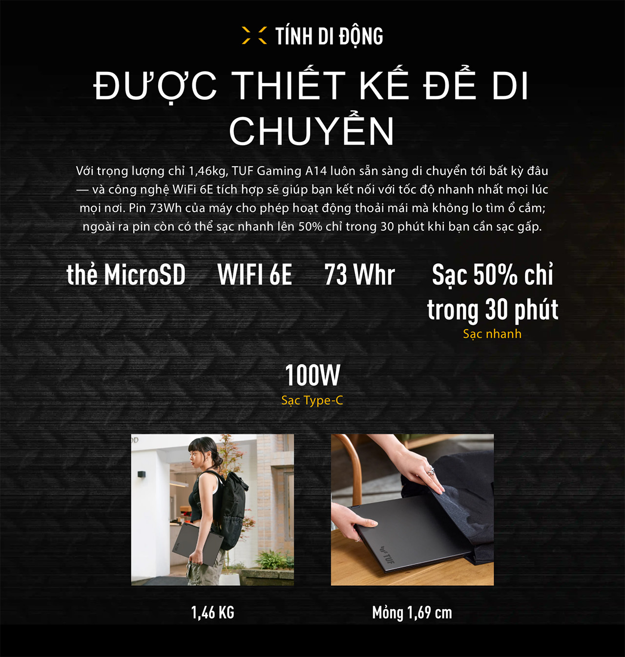 ASUS TUF Gaming A14 có thiết kế mỏng nhẹ ASUS TUF Gaming A14 có thiết kế mỏng nhẹ