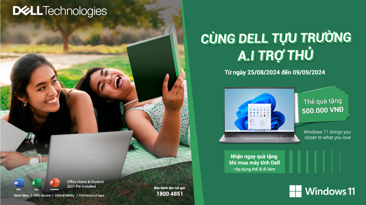 Tặng thẻ nạp điện thoại 500K hoặc voucher 500K để mua hàng tại Got It khi mua laptop Dell