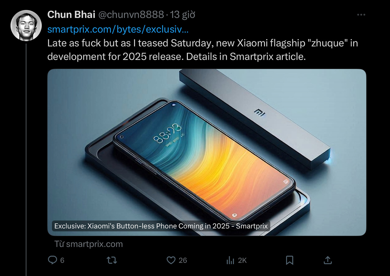 Leaker chunvn8888 đã đăng tải thông tin về mẫu smartphone không nút bấm của Xiaomi trên X