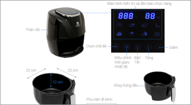 Nồi chiên không dầu Hawonkoo AFH-045 6 lít có màn hình thao tác cảm ứng hiện đại