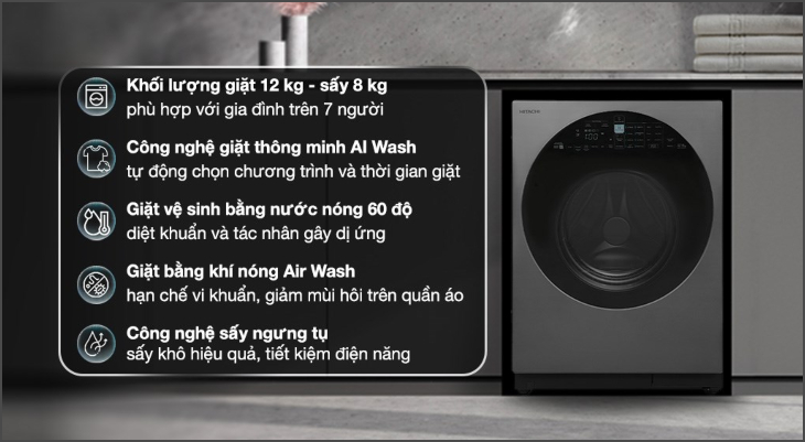 Máy giặt sấy Hitachi Inverter giặt 12 kg - sấy 8 kg BD-D120XGV MAG có công nghệ sấy ngưng tụ giúp tiết kiệm điện năng, bảo vệ môi trường
