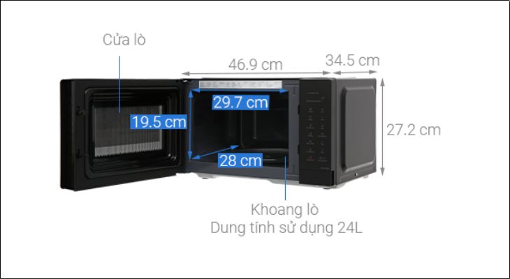 Kích thước lò vi sóng có nướng Panasonic NN-GT35NBYUE 24 lít