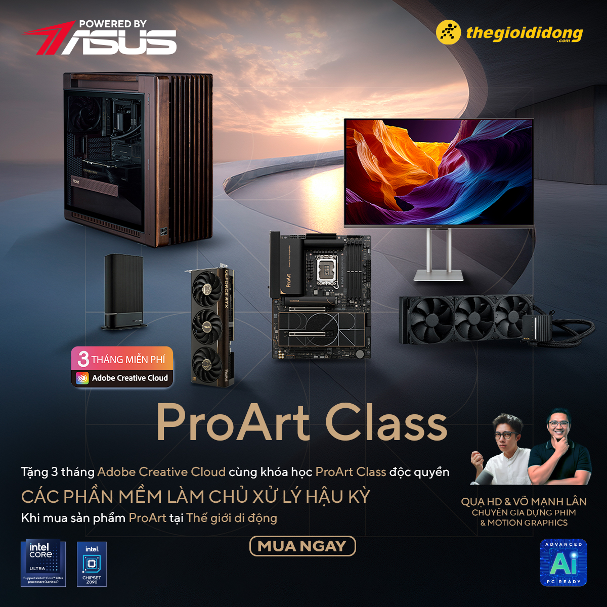 Sở hữu ngay kh&oacute;a học C&aacute;c Phần Mềm L&agrave;m Chủ Hậu Kỳ & miễn ph&iacute; 3 th&aacute;ng Adobe Creative khi mua ASUS ProArt