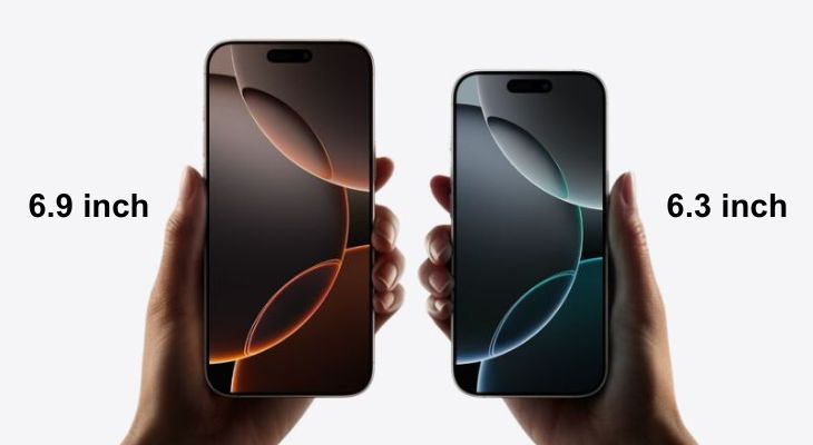 Kích thước màn hình iPhone 16 Pro Max là 6.9 inch và iPhone 16 Pro là 6.3 inch