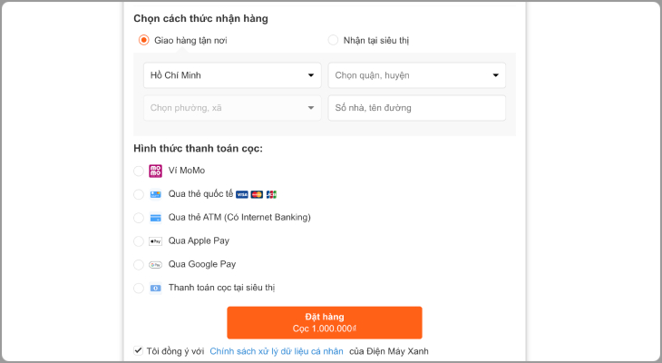 Chọn cách thức nhận hàng và hình thức thanh toán