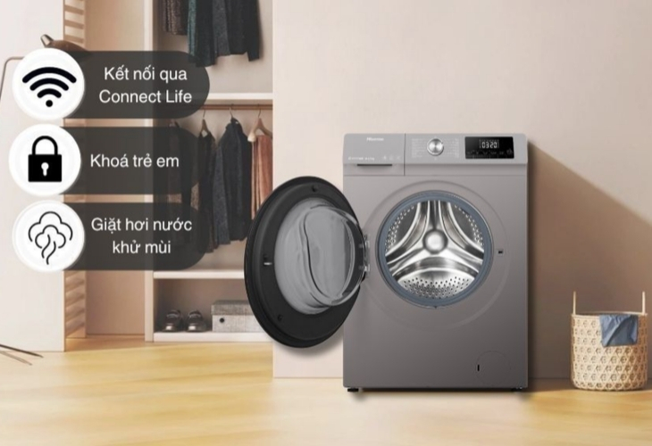 Máy giặt sấy Hisense Inverter giặt 10.5 kg - sấy 7 kg WDQA1043BT có thể kết nối và điều khiển từ xa rất tiện lợi