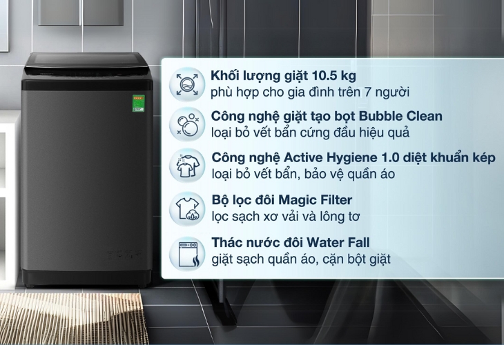 Máy giặt Hisense 10.5 kg WTJA1015UT giá rẻ, công nghệ hiện đại, đáp ứng đa dạng nhu cầu giặt giũ