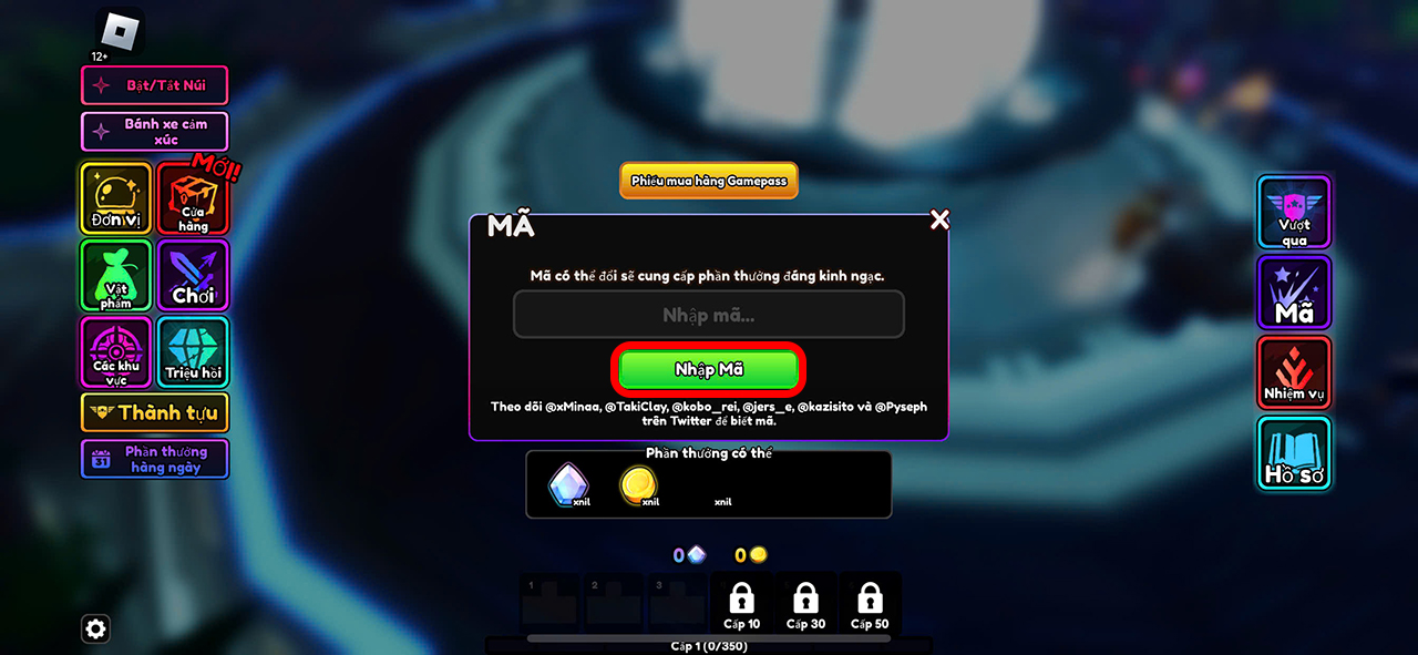 Nhập code > Nhấn Redeem Code để nhận quà
