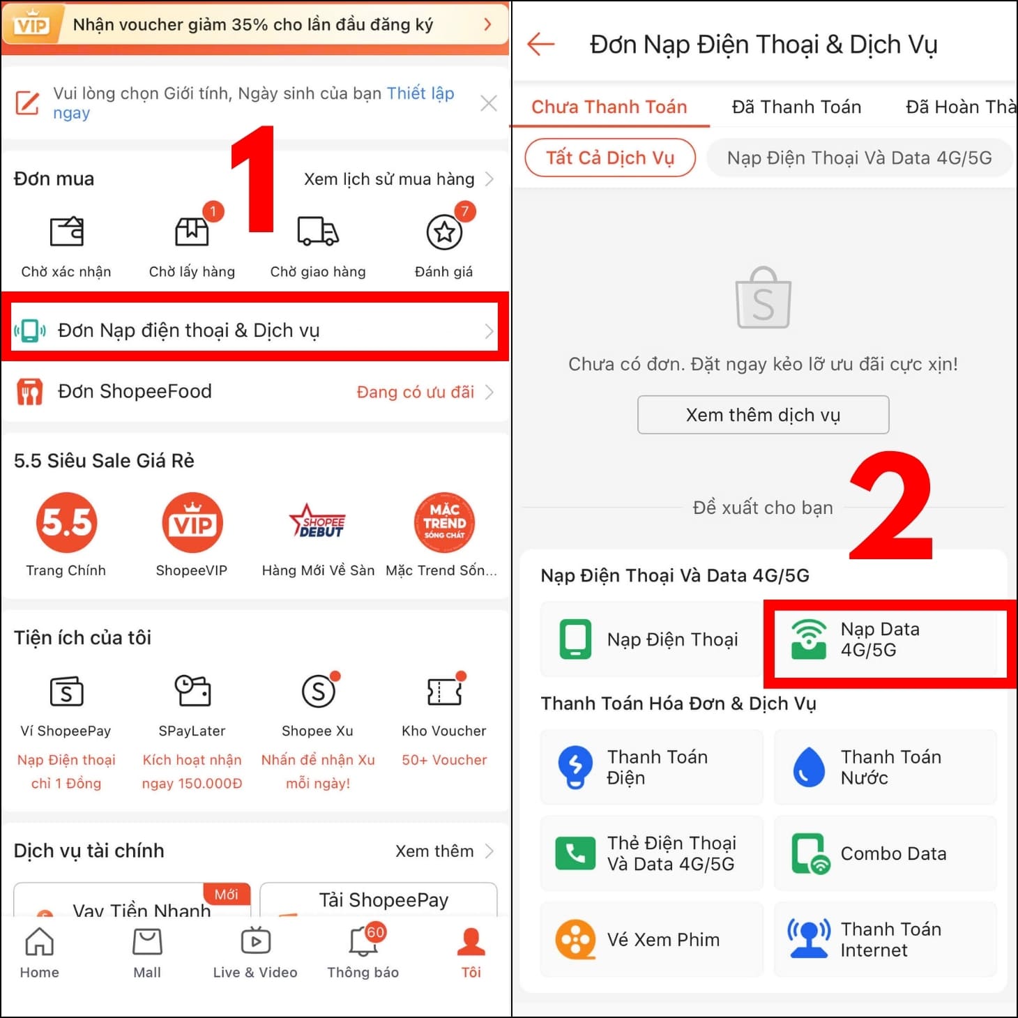 Chọn nạp thẻ 4G/5G trên Shopee Chọn nạp thẻ 4G/5G trên Shopee