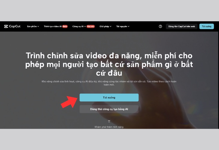 Giao diện trang web chính thức của CapCut