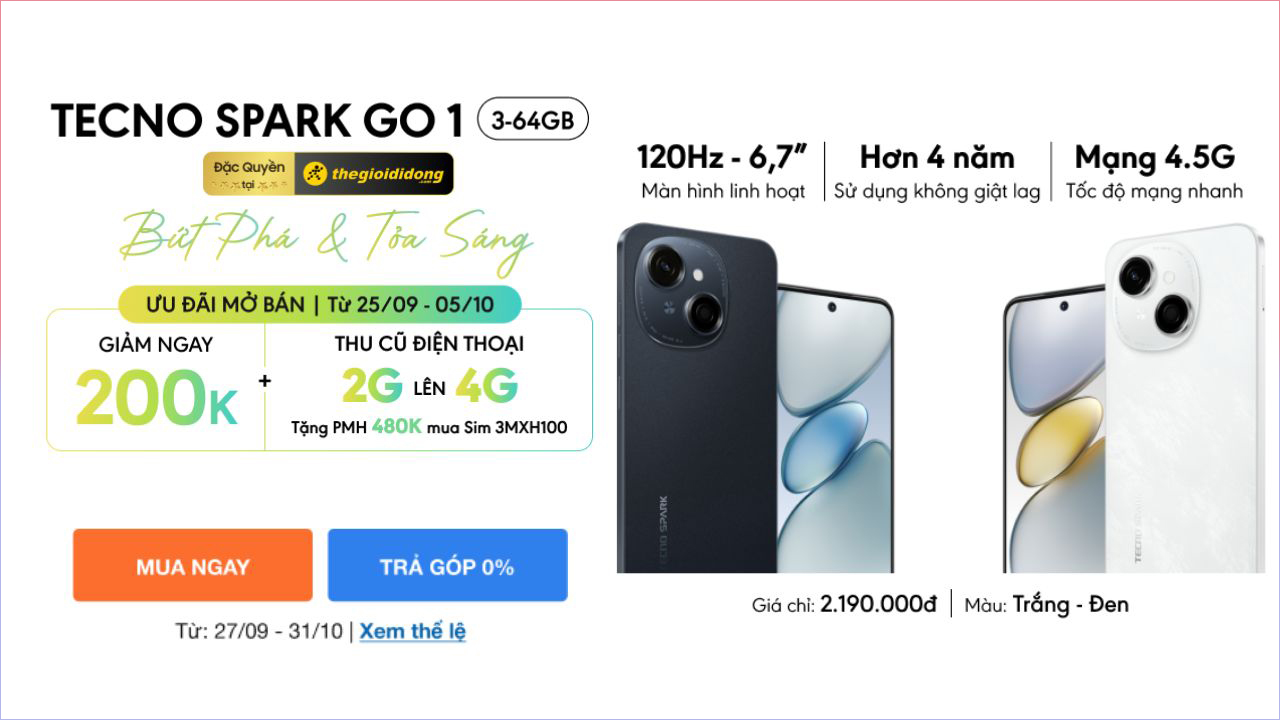 Hotsale chỉ còn 1.99 triệu: Sở hữu ngay Tecno Spark Go 1 với màn hình 120 Hz, pin đến 5.000 mAh, kháng nước IP54