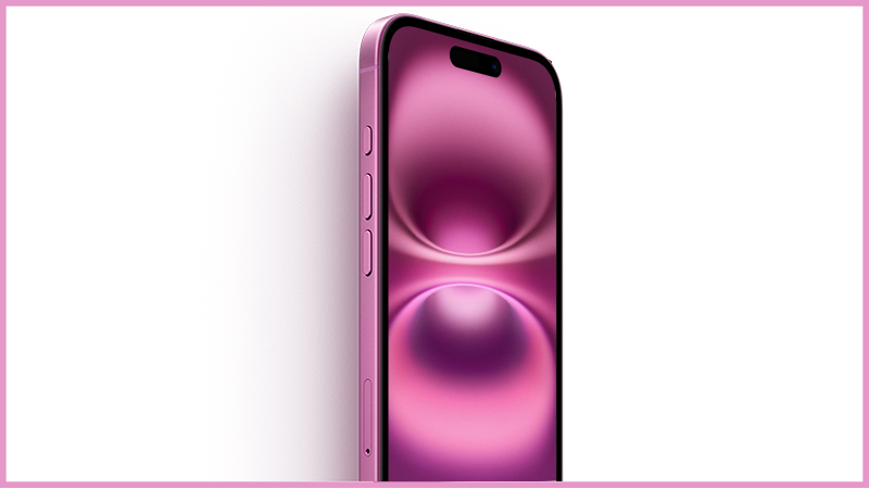 Cận cảnh khung viền kim loại kết hợp với m&agrave;u hồng của iPhone 16 