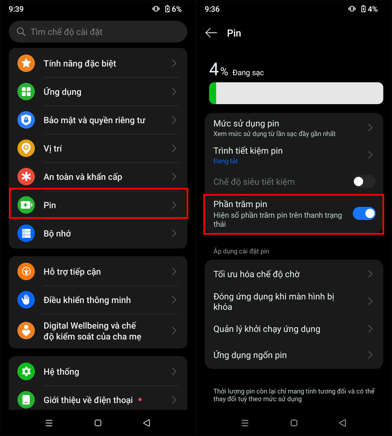 Cách hiển thị phần trăm pin trên realme Note 60