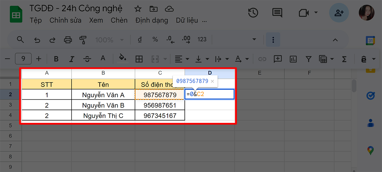 Cách thêm số 0 ở đầu trong Google Sheets