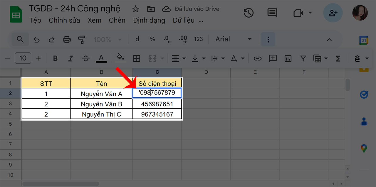 Cách thêm số 0 ở đầu trong Google Sheets