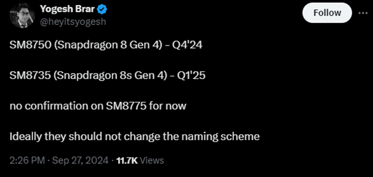 leaker Yogesh Brar cho rằng chip Snapdragon 8s Gen 4 sẽ được ra mắt trong quý I/2025