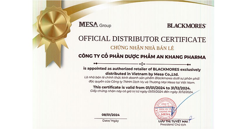 Nhà thuốc An Khang là nhà bán lẻ chính thức kinh doanh sản phẩm Blackmores dưới sự phân phối độc quyền của công ty TNHH Dịch vụ và Thương Mại Mesa Nhà thuốc An Khang là nhà bán lẻ chính thức kinh doanh sản phẩm Blackmores dưới sự phân phối độc quyền của công ty TNHH Dịch vụ và Thương Mại Mesa