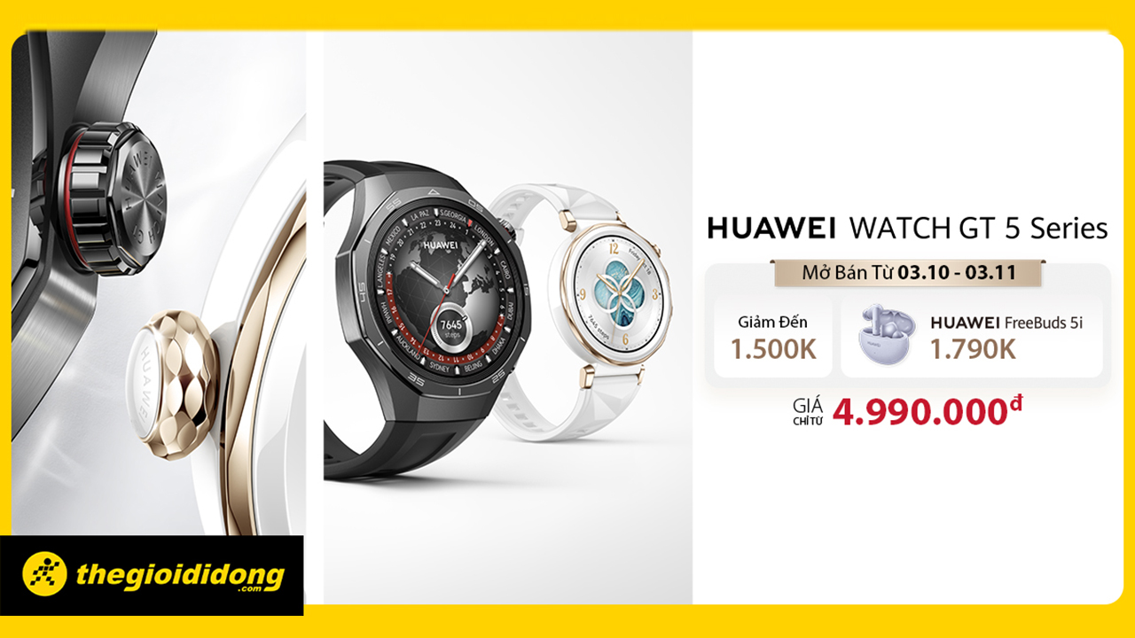 Hotsale mở bán Huawei Watch GT 5: Giảm đến 1.5 triệu, tặng tai nghe Huawei FreeBuds 5i trị giá 1.79 triệu