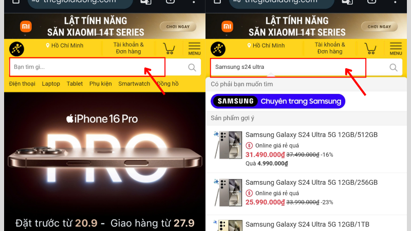 Ví dụ bạn nhập: Samsung S24 Ultra