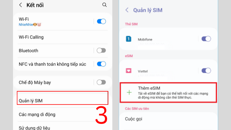 Vào Quản lý SIM > Thêm eSIM