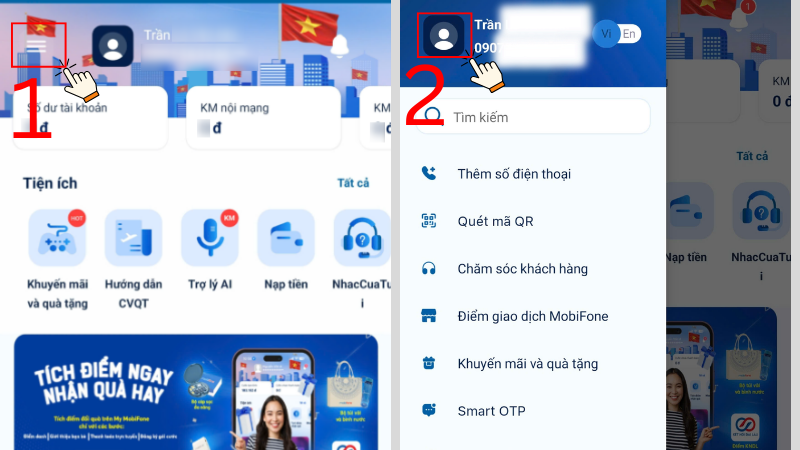 Truy cập ứng dụng 3 gạch > Chọn biểu tượng bên cạnh tên và số điện thoại