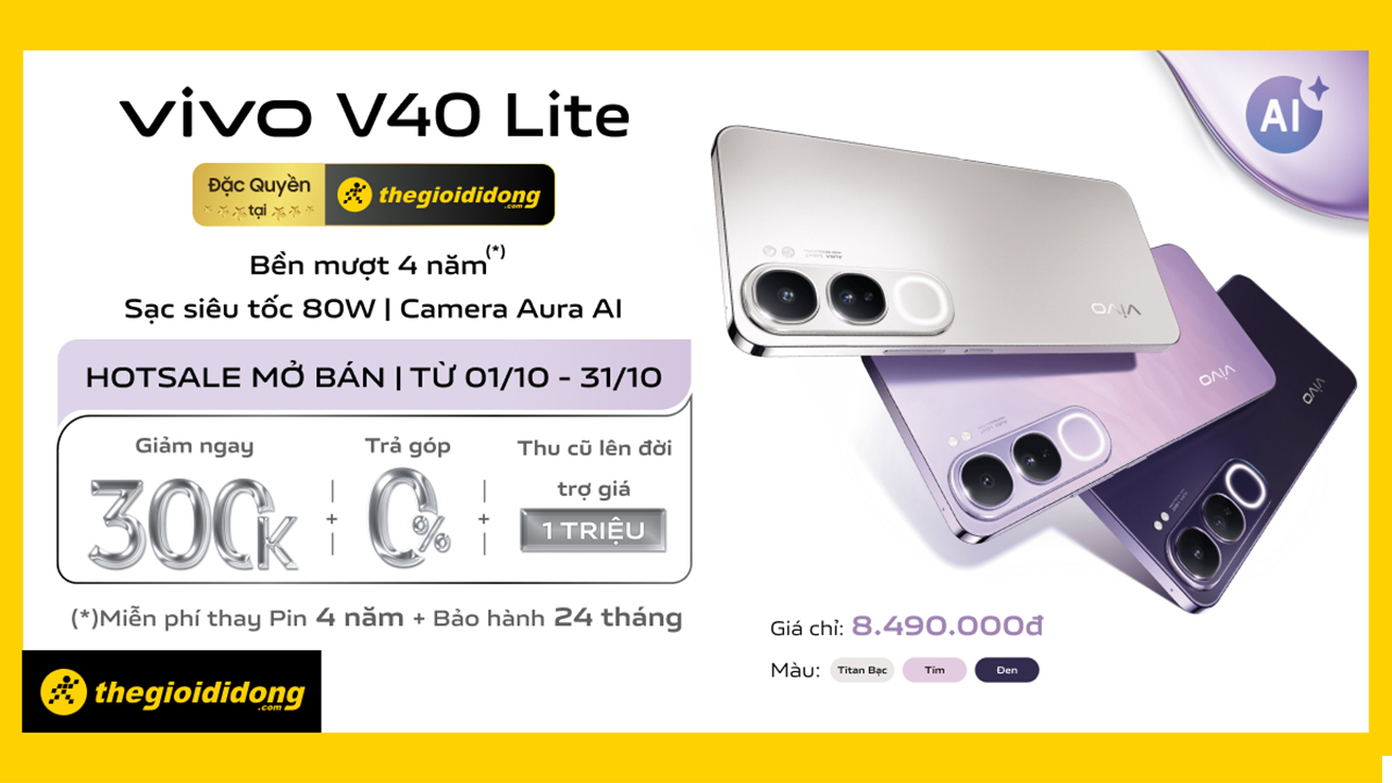 Hotsale Vivo V40 Lite: Giảm ngay 300K + trả góp 0%, miễn phí thay pin 4 năm, mua ngay còn được bảo hành 2 năm