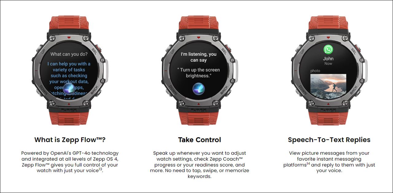 Zepp OS trên Amazfit T-Rex 3 cũng hỗ trợ AI Zepp Flow mang lại khả năng điều khiển bằng giọng nói