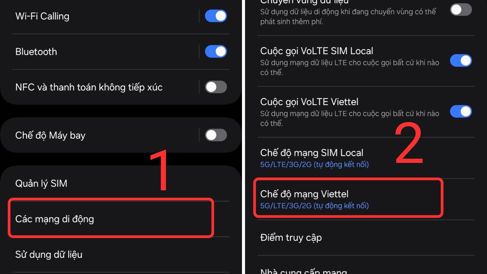 Bạn chọn C&aacute;c mạng di động > Chọn Chế độ mạng Viettel > 5G/4G/3G/2G (Tự động)