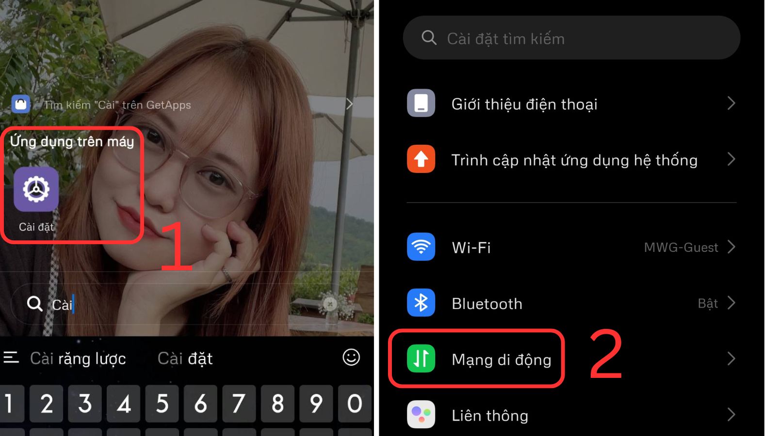 Chọn C&agrave;i đặt > Chọn Mạng Di động