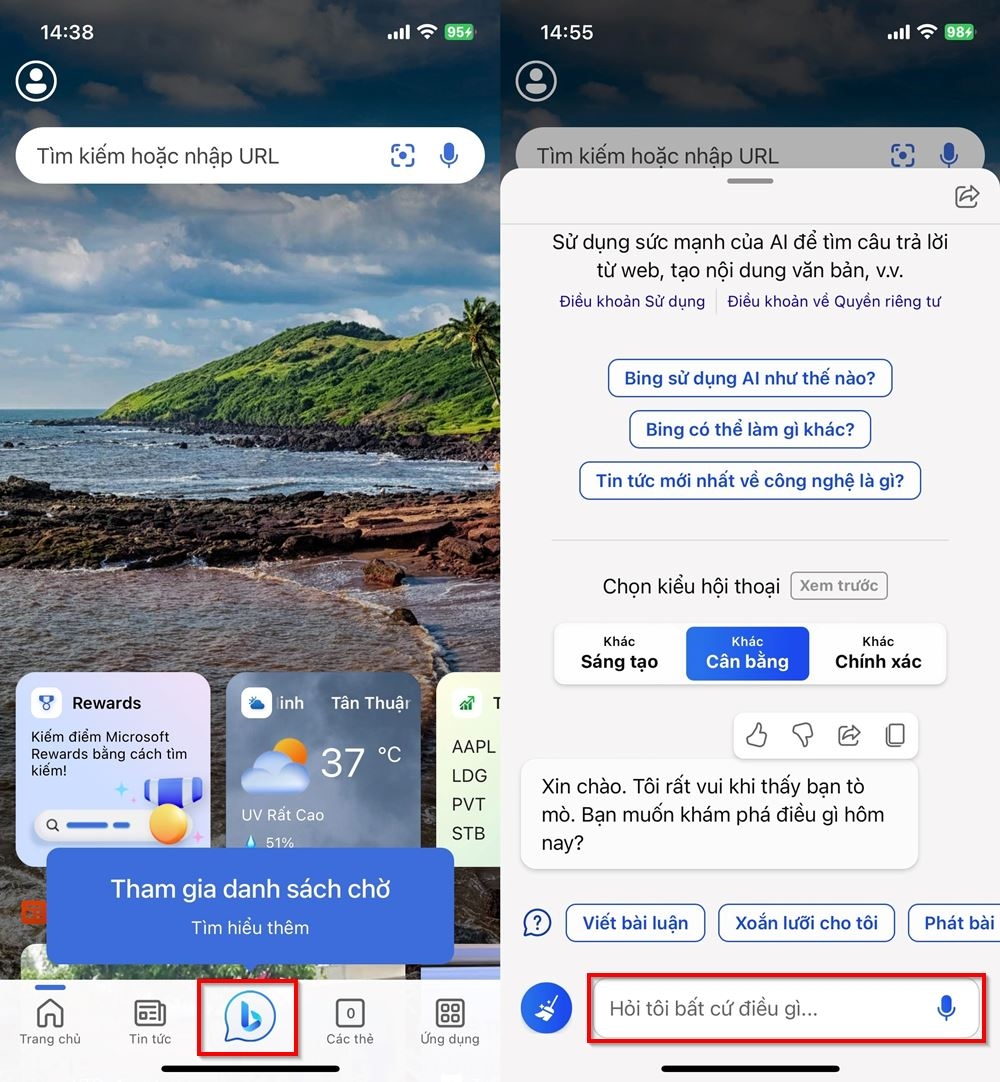 Nhấp vào biểu tượng Bing ở giữa phía dưới màn hình, sau đó bạn nhập câu hỏi mà bạn muốn hỏi