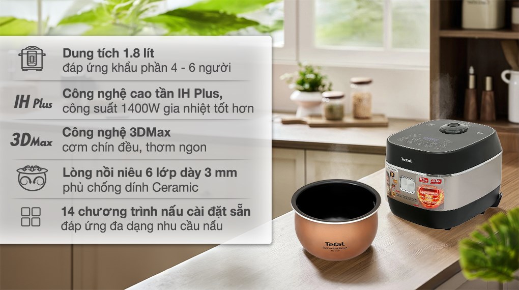 Nồi cơm cao tần Tefal RK819868 màu đen bạc, lòng nồi niêu Ceramic 6 lớp