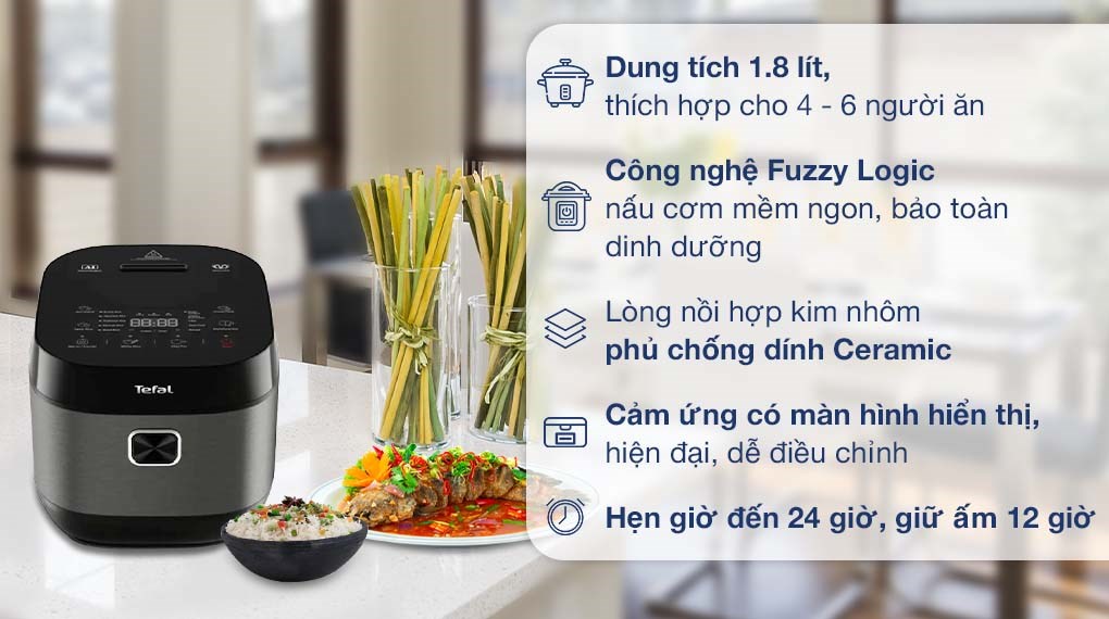 Nồi cơm điện tử Tefal RK776B68 màu xám, lòng nồi niêu dày 4 mm chống dính Ceramic