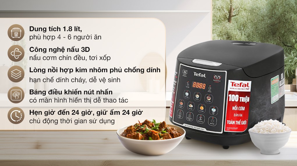 Nồi cơm điện tử Tefal 1.8 lít RK737868 màu đen, lòng nồi niêu chống dính
